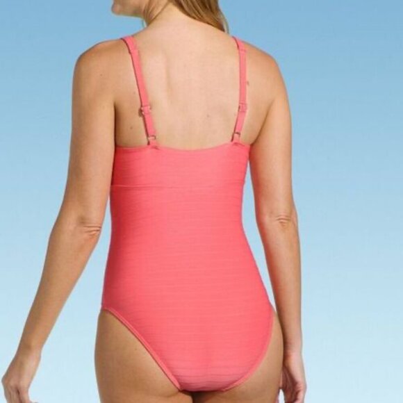 Lands End Woman's Plus-Size Coral Pink Summer V-Neck One-Piece Swimsuit Sz 18 - Picture 2 of 12